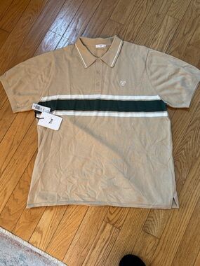 TNA Mens Moore Sweater Polo Short Sleeve Sz L Lightweight Striped Chest Casual